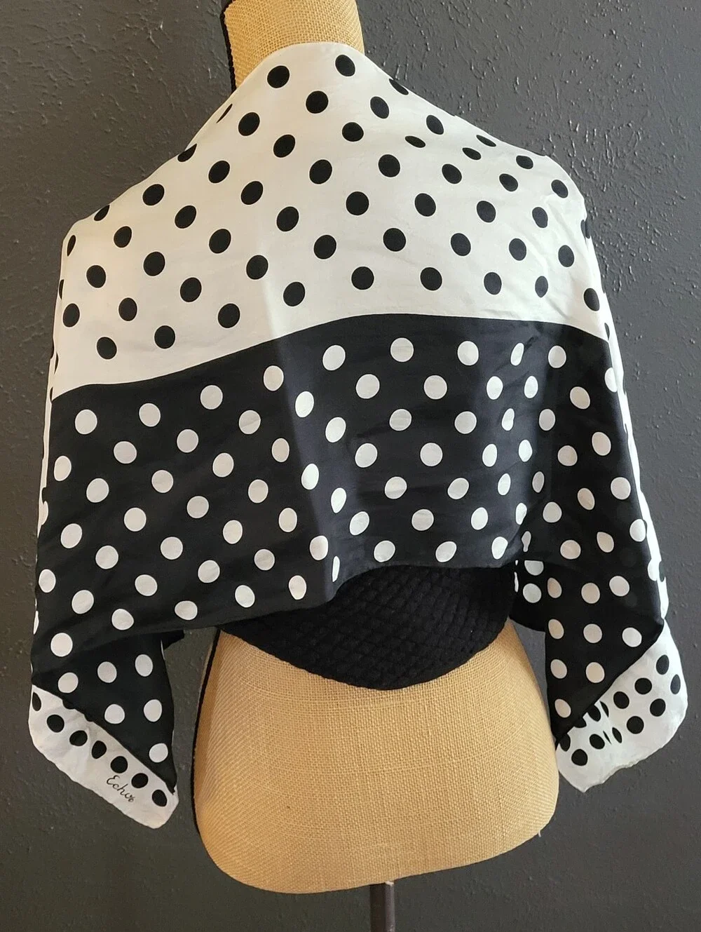 Echo 1970s Ivory/Black Colorblock Polkadot Rectangular Silk Scarf